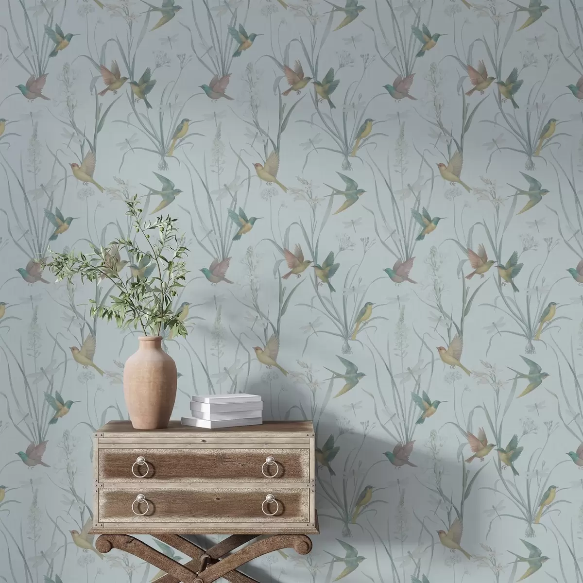 Tapetes Putni starp pļavas zāli uz pelēkzila fona a00776