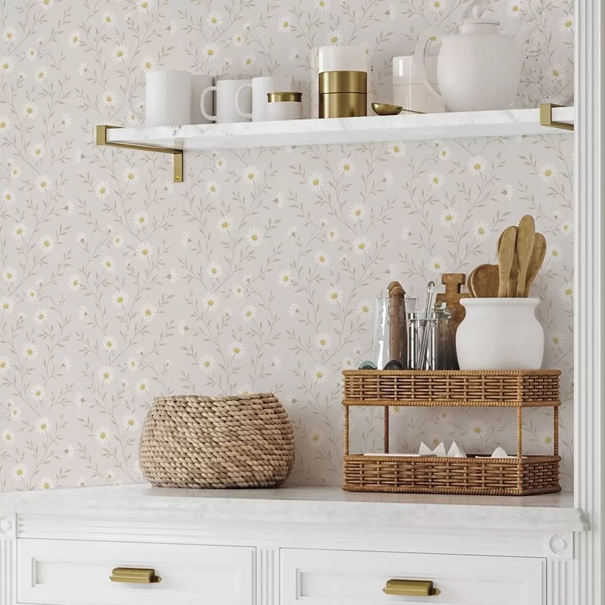 Tapetes Sīkas margrietiņas uz zariņiem, siltā smilškrāsā a00777