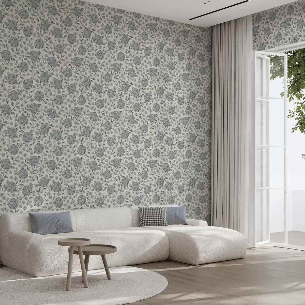 Tapetes Sūnu ziedi un lapas pelēkā un zilā krāsu gamā a00778