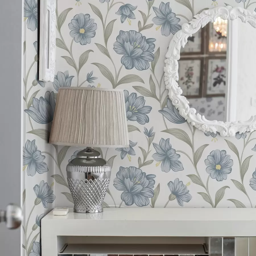 Fototapetes Putekļaini zili ziedi ar olīvu lapām uz balta fona a00780