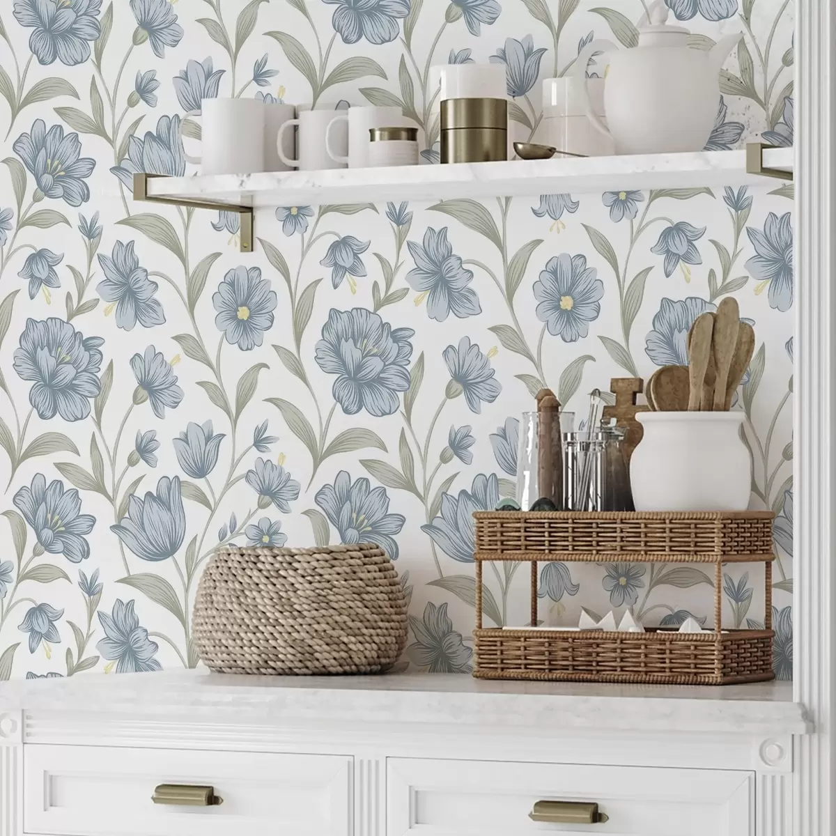 Tapetes Putekļaini zili ziedi ar olīvu lapām uz balta fona a00780