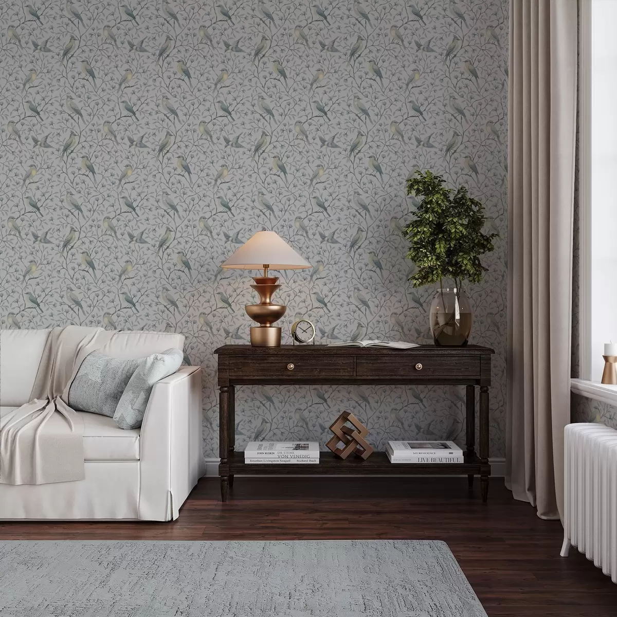 Tapetes Putni uz zariem, pelēkzils toņos a00782