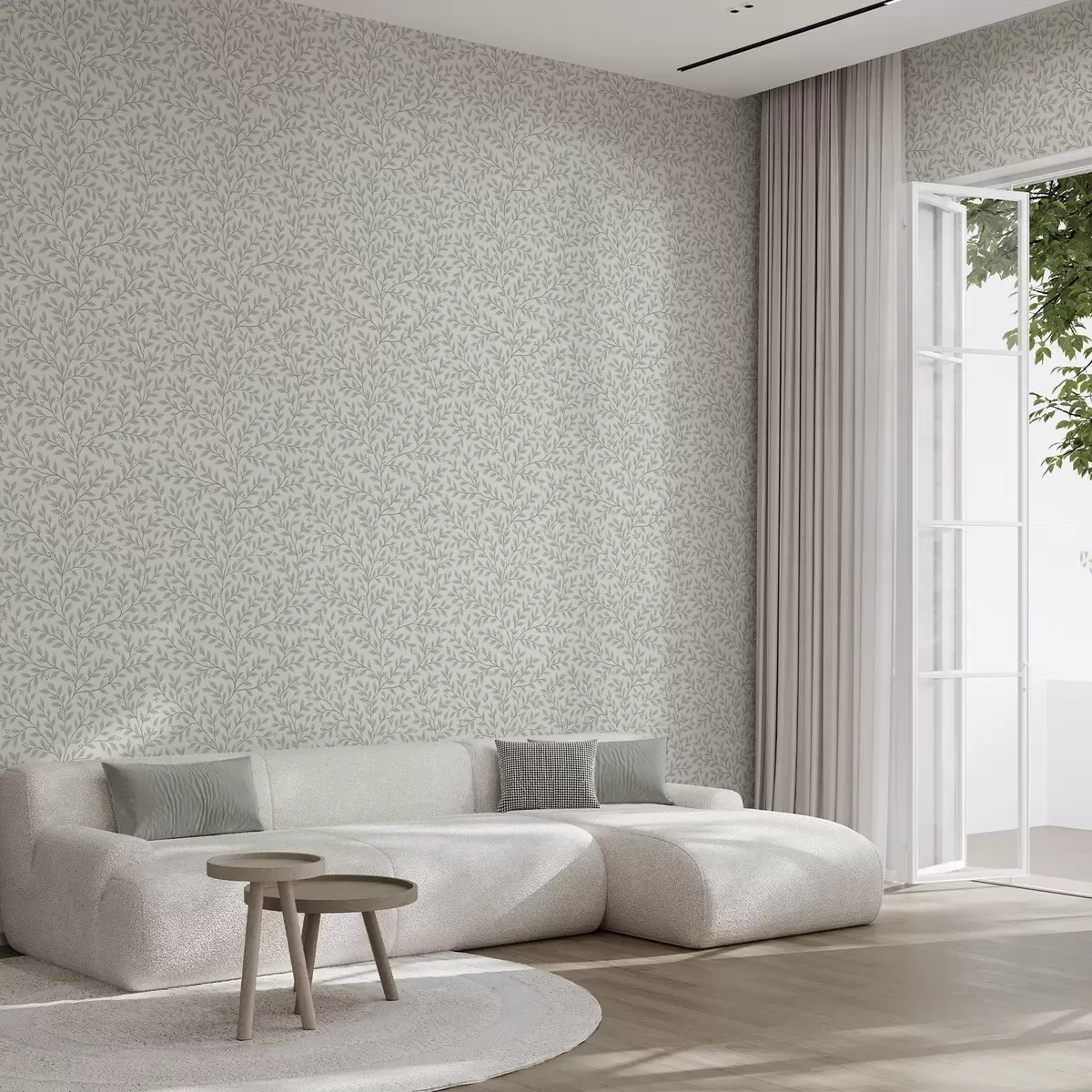 Tapetes Zari ar lapām un ogām, gaiši krēmkrāsas un salvijas a00783