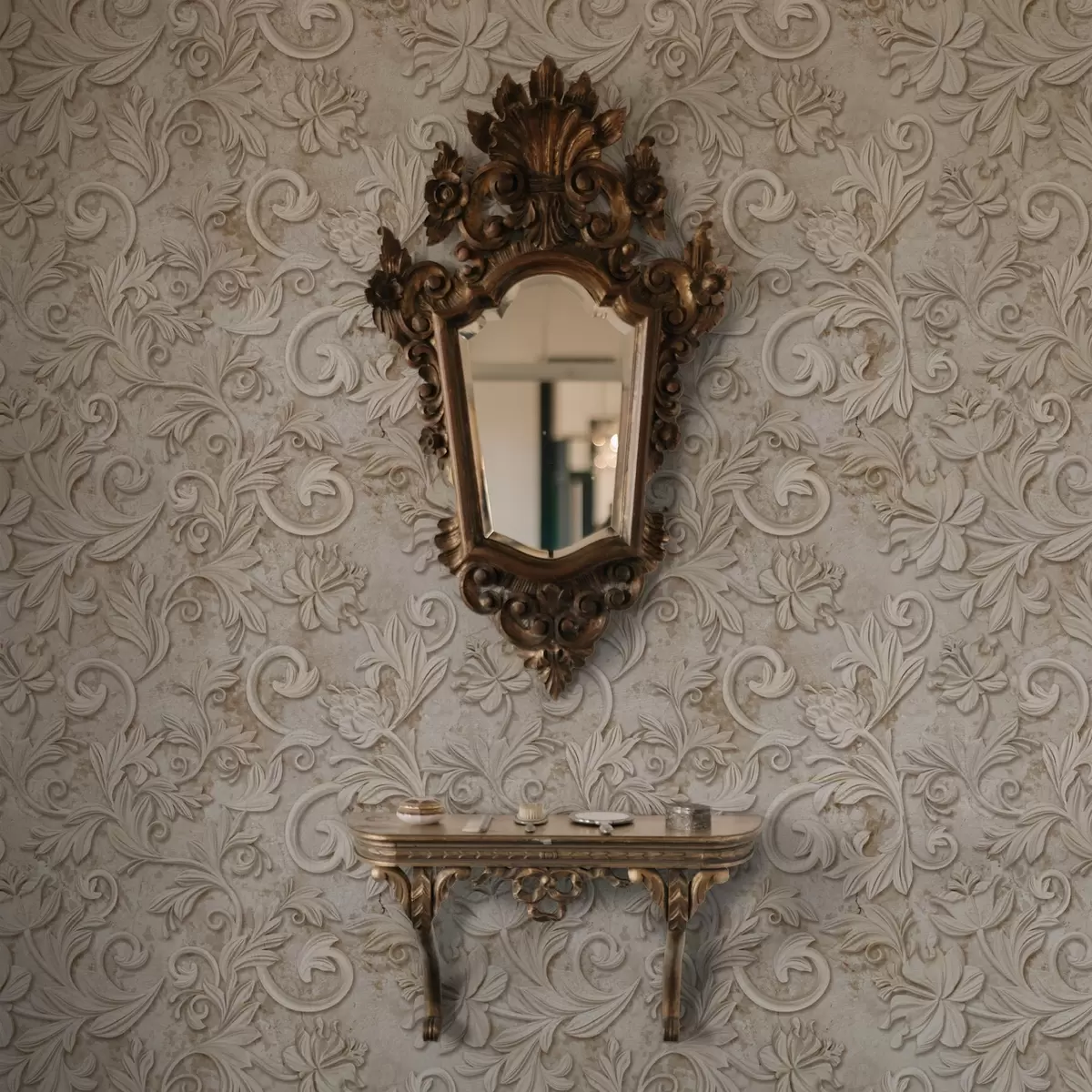 Tapetes Akmens reljefs ar ziedu volūtām, vintage smilškrāsā a00784