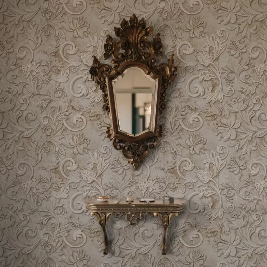 Fototapetes Akmens reljefs ar ziedu volūtām, vintage smilškrāsā a00784