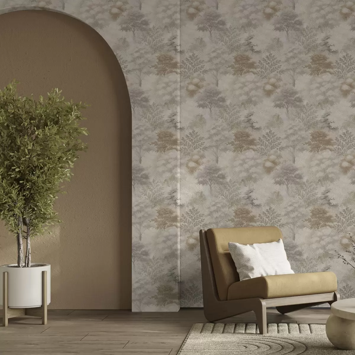 Tapetes Maigs mežs miglā, maigi smilškrāsas toņos a00785