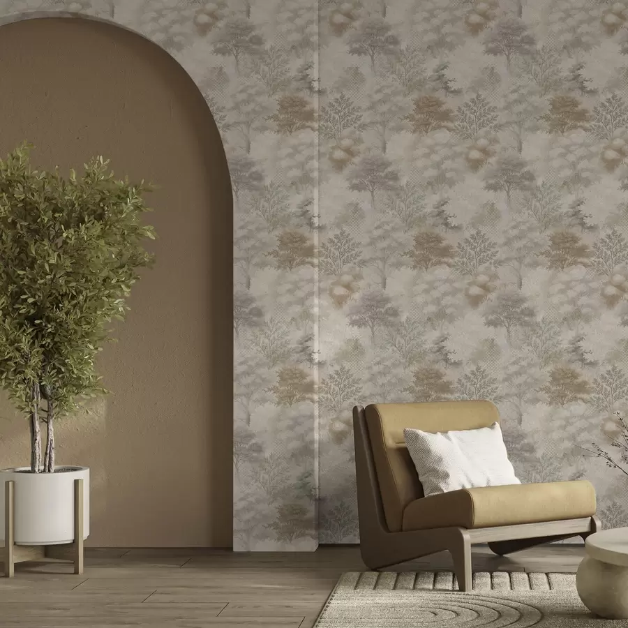 Fototapetes Maigs mežs miglā, maigi smilškrāsas toņos a00785