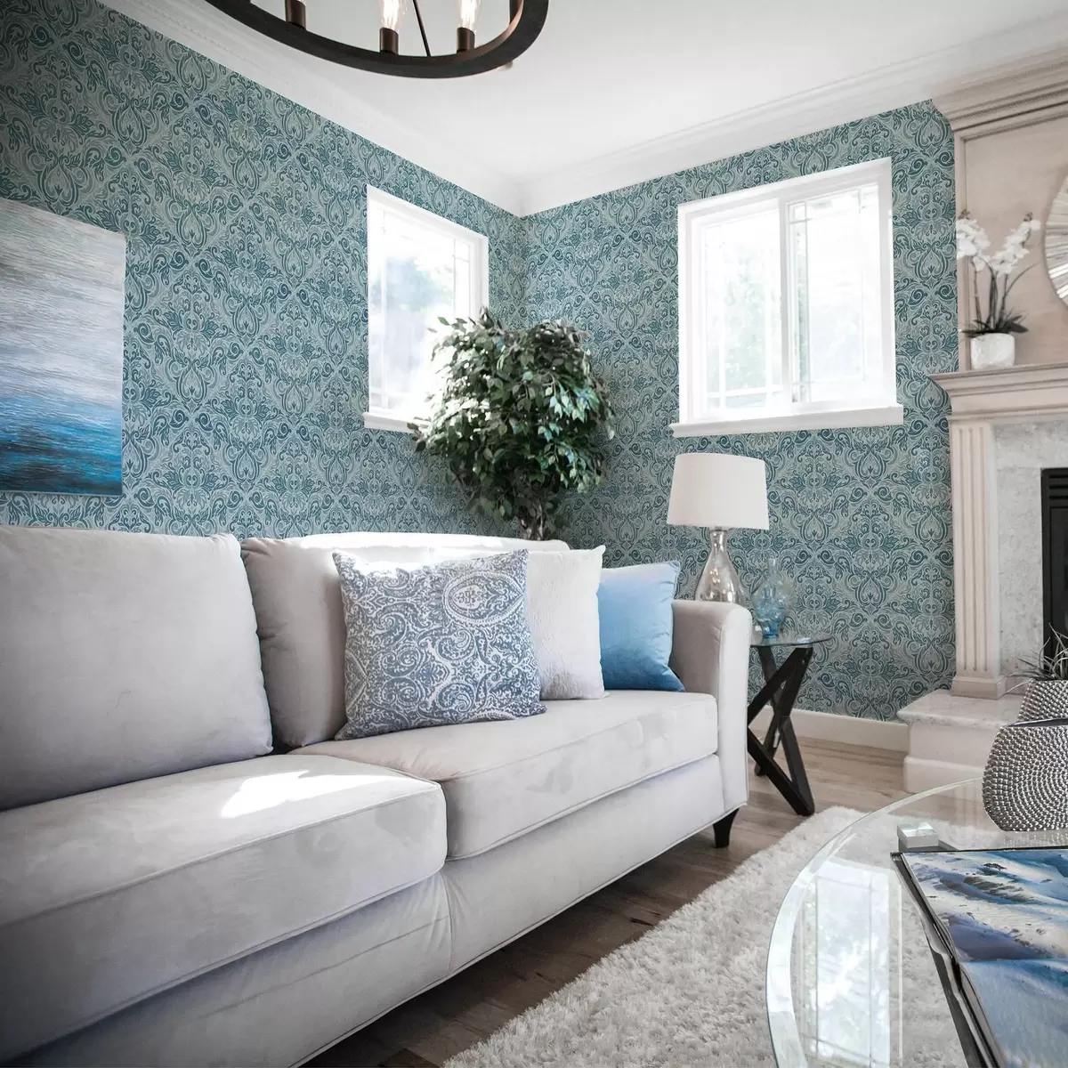 Tapetes Klasisks damasts, tumši zils uz gaiši zila fona a00826