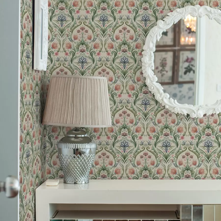 Fototapetes Simetriskas ziedu ornamentu, terakotas un zaļas a00827