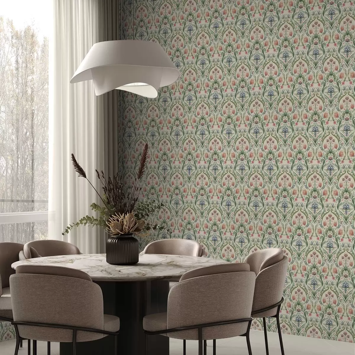 Tapetes Simetriskas ziedu ornamentu, terakotas un zaļas a00827