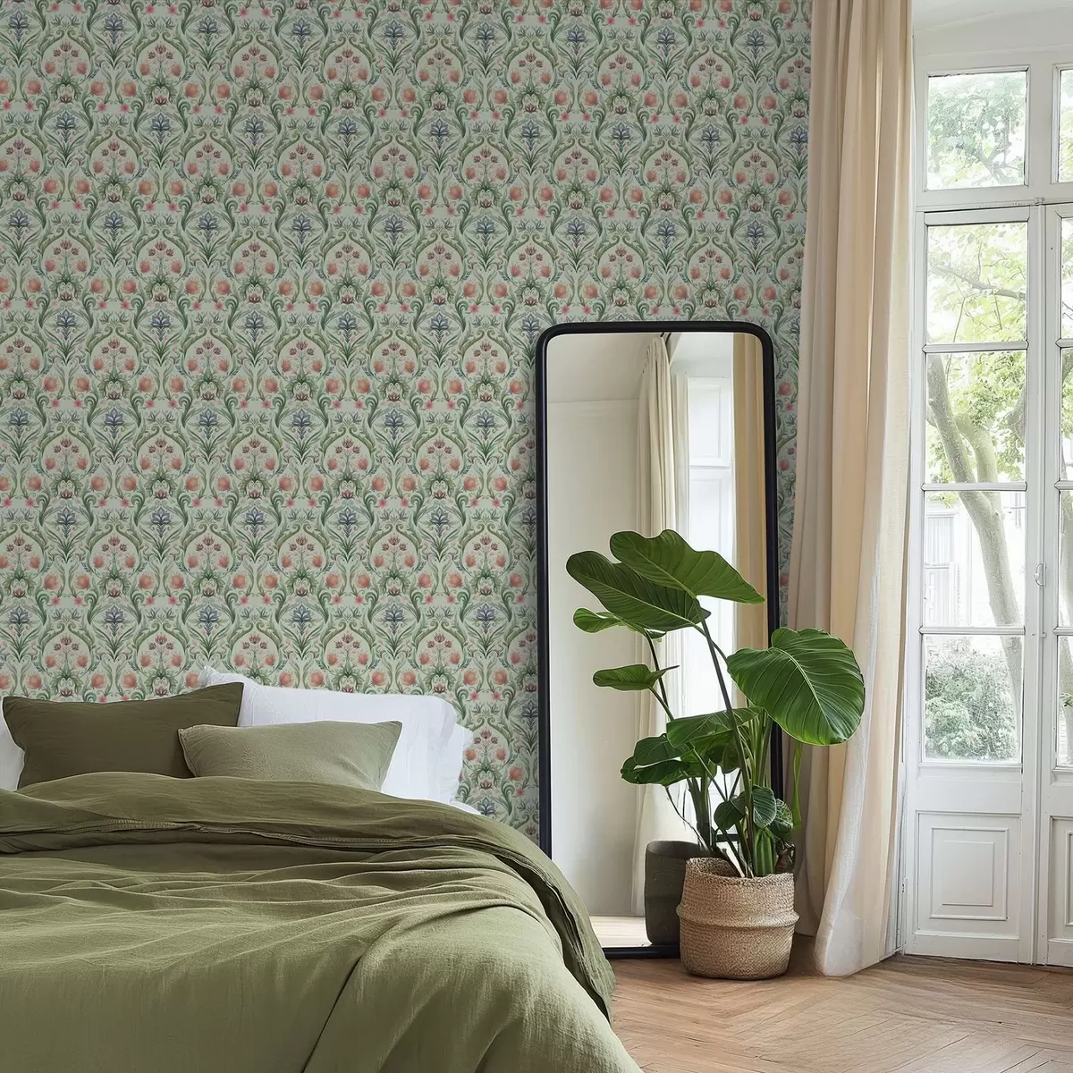 Tapetes Simetriskas ziedu ornamentika, piparmētru krāsas toņos a00827v1