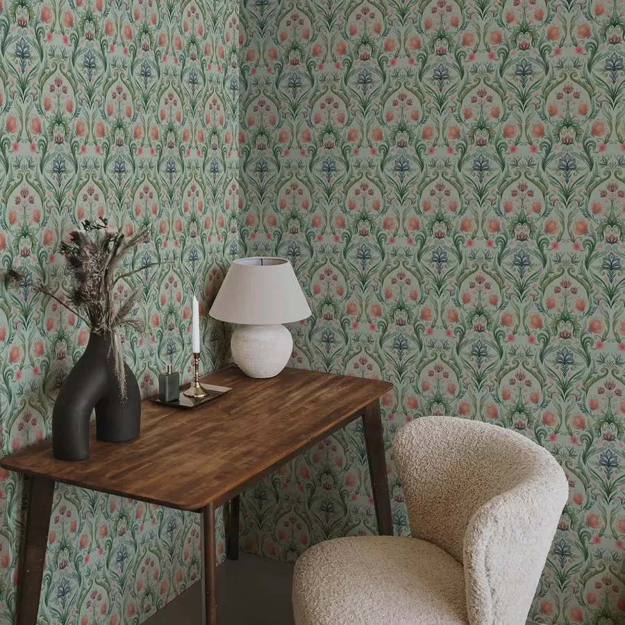 Fototapetes Simetriskas ziedu ornamentika, piparmētru krāsas toņos a00827v1