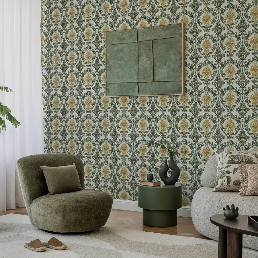 Fototapetes Damasts ar zaļām volūtām uz gaiša fona a00828v1