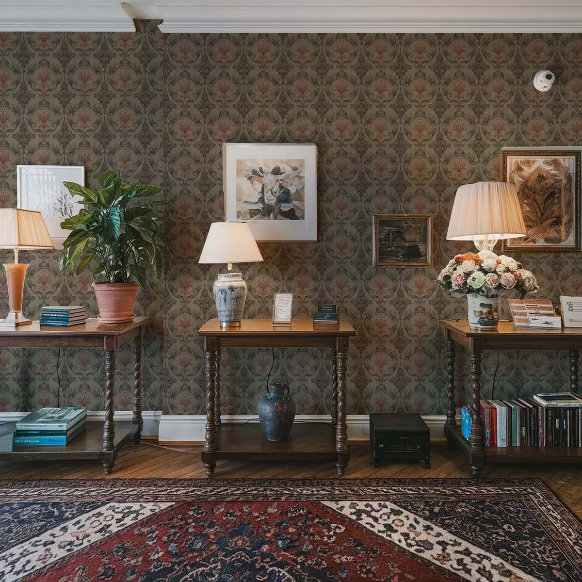 Tapetes Terakotas damasts uz klusināta olīvu fona a00828v3