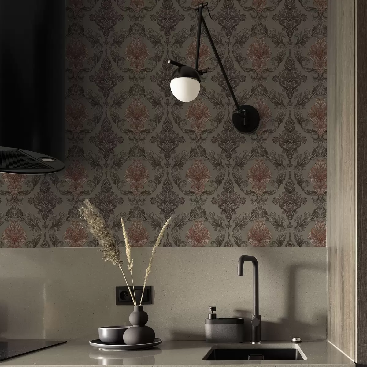 Tapetes Terakotas damasts uz klusināta olīvu fona a00828v3