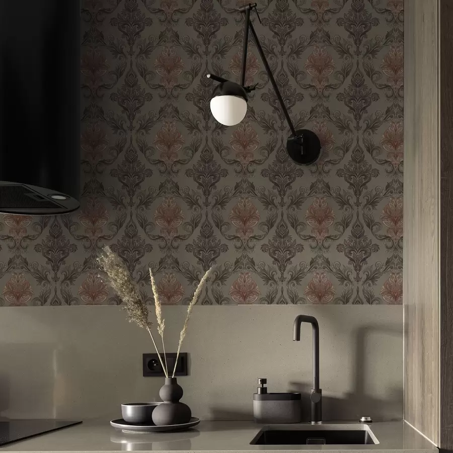 Fototapetes Terakotas damasts uz klusināta olīvu fona a00828v3