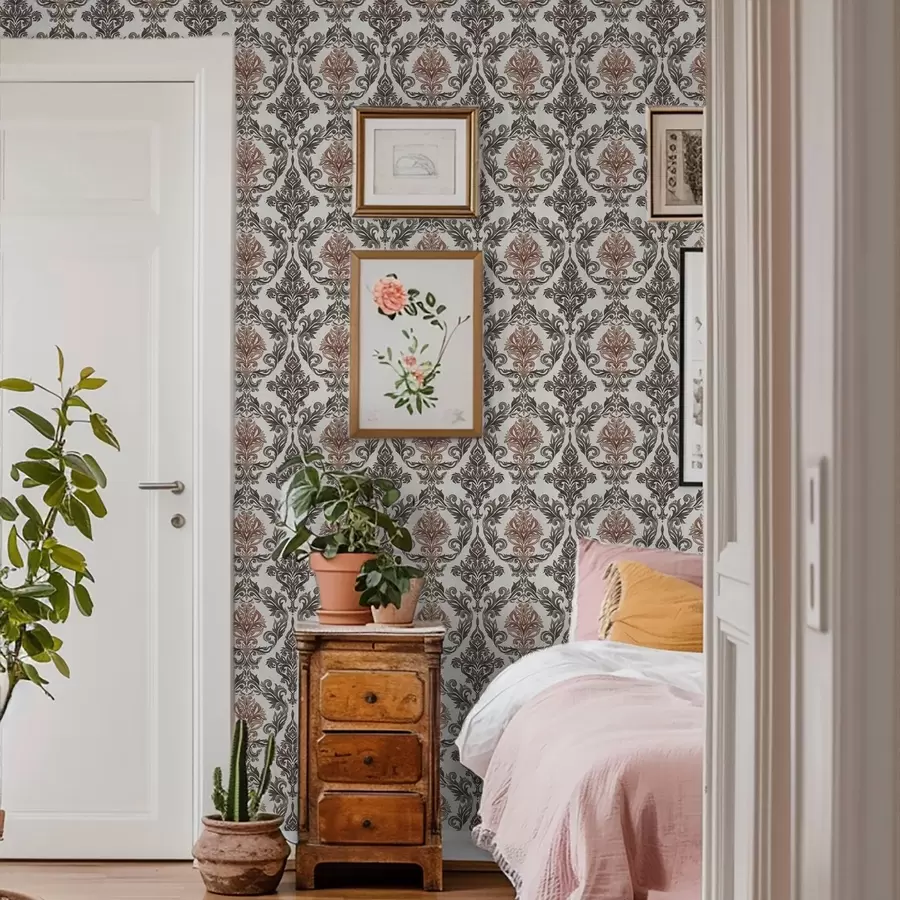 Fototapetes Damasts ar vara brūniem akcentiem uz gaiša fona a00828v4