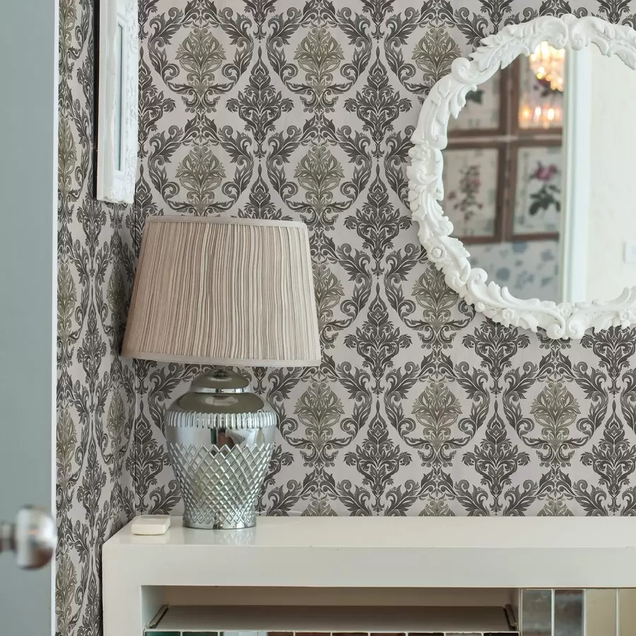 Fototapetes Damasts uz gaiša fona, olīvu bronzas akcenti a00828v6