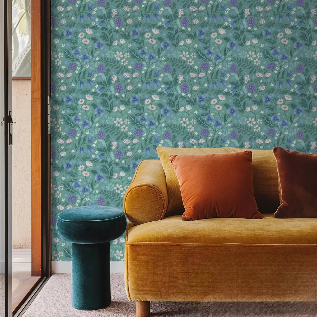 Tapetes Mežrozītes un ogas uz maiga piparmētru fona a00849