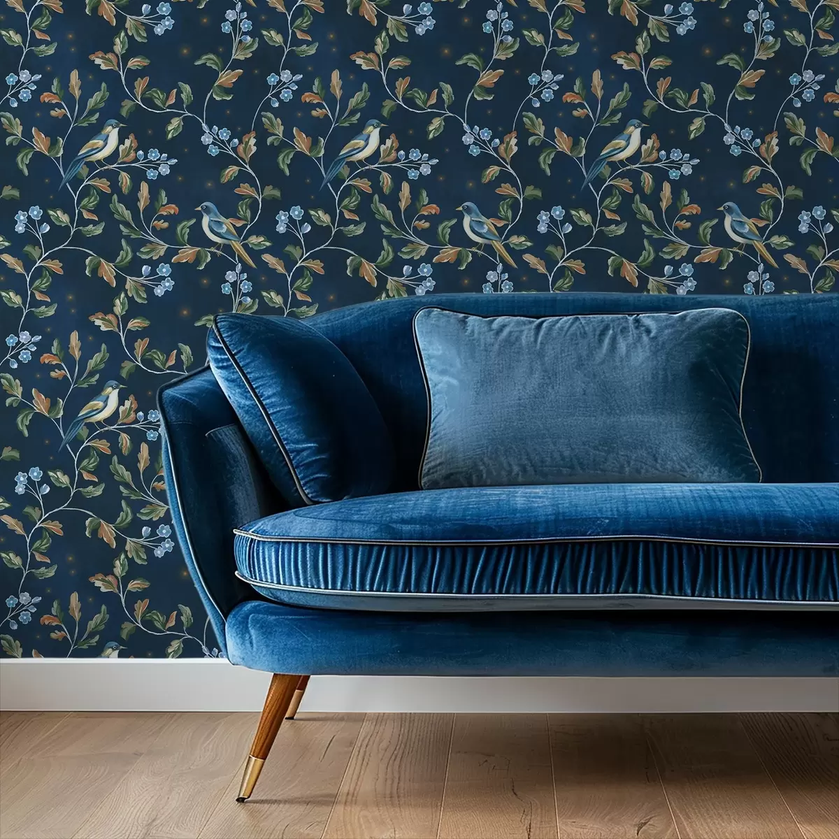 Tapetes Krūtiņas uz zariem, nakts zils fons ar dzirkstelēm a00858