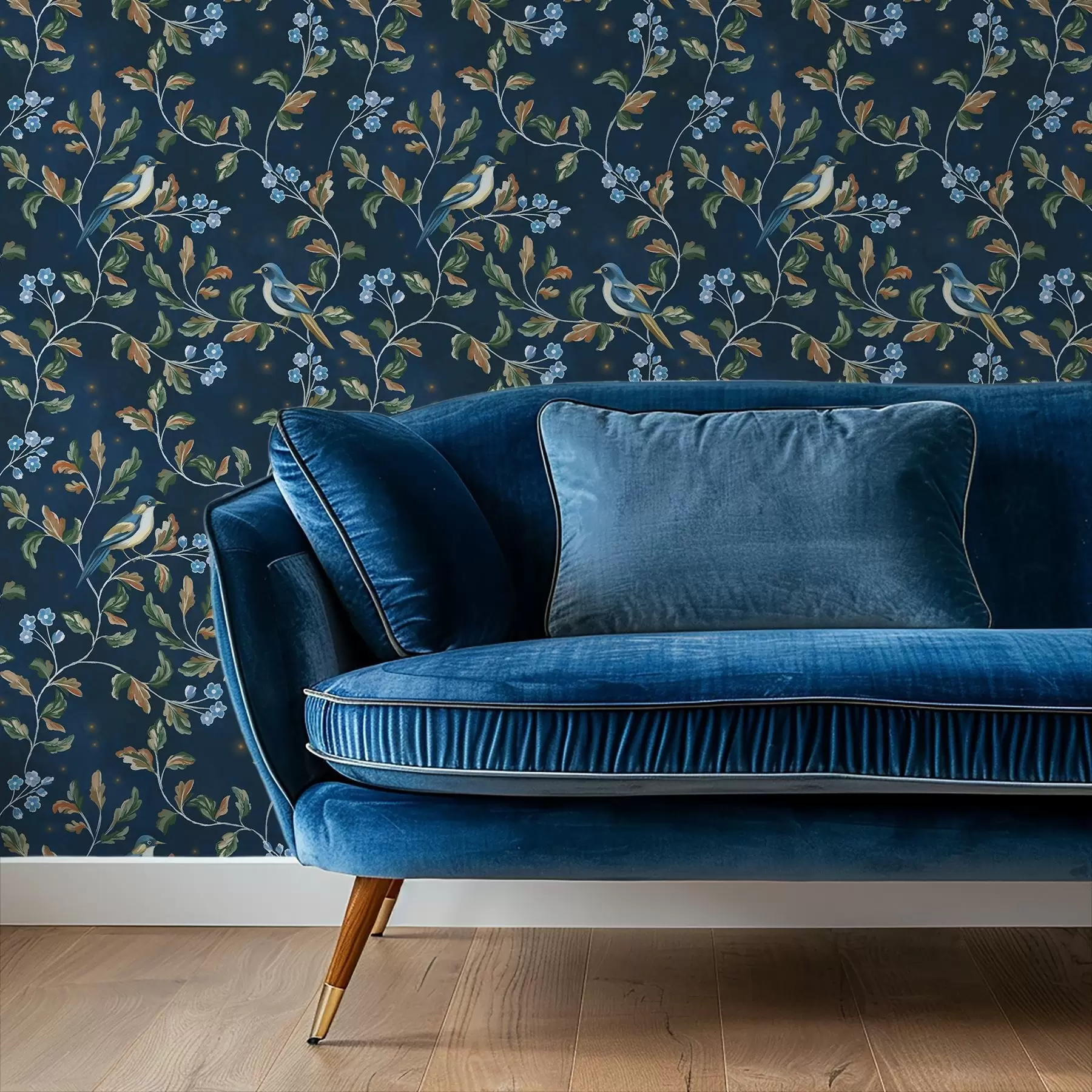 Fototapetes Krūtiņas uz zariem, nakts zils fons ar dzirkstelēm a00858