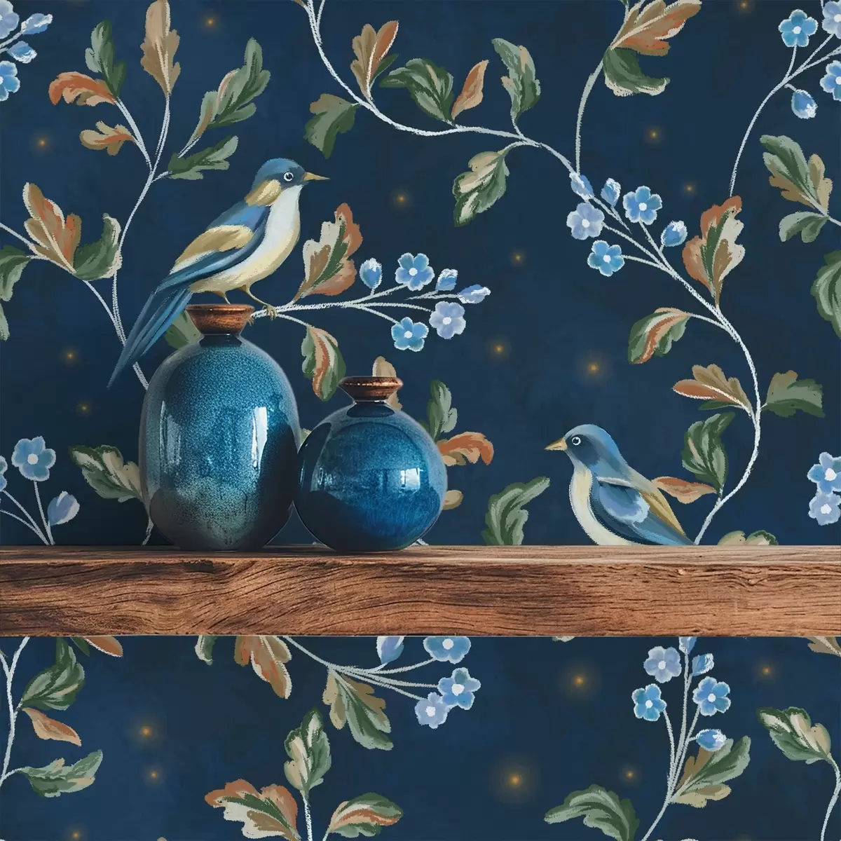 Tapetes Krūtiņas uz zariem, nakts zils fons ar dzirkstelēm a00858