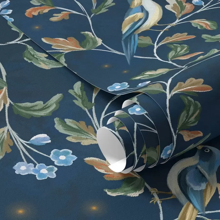 Fototapetes Krūtiņas uz zariem, nakts zils fons ar dzirkstelēm a00858