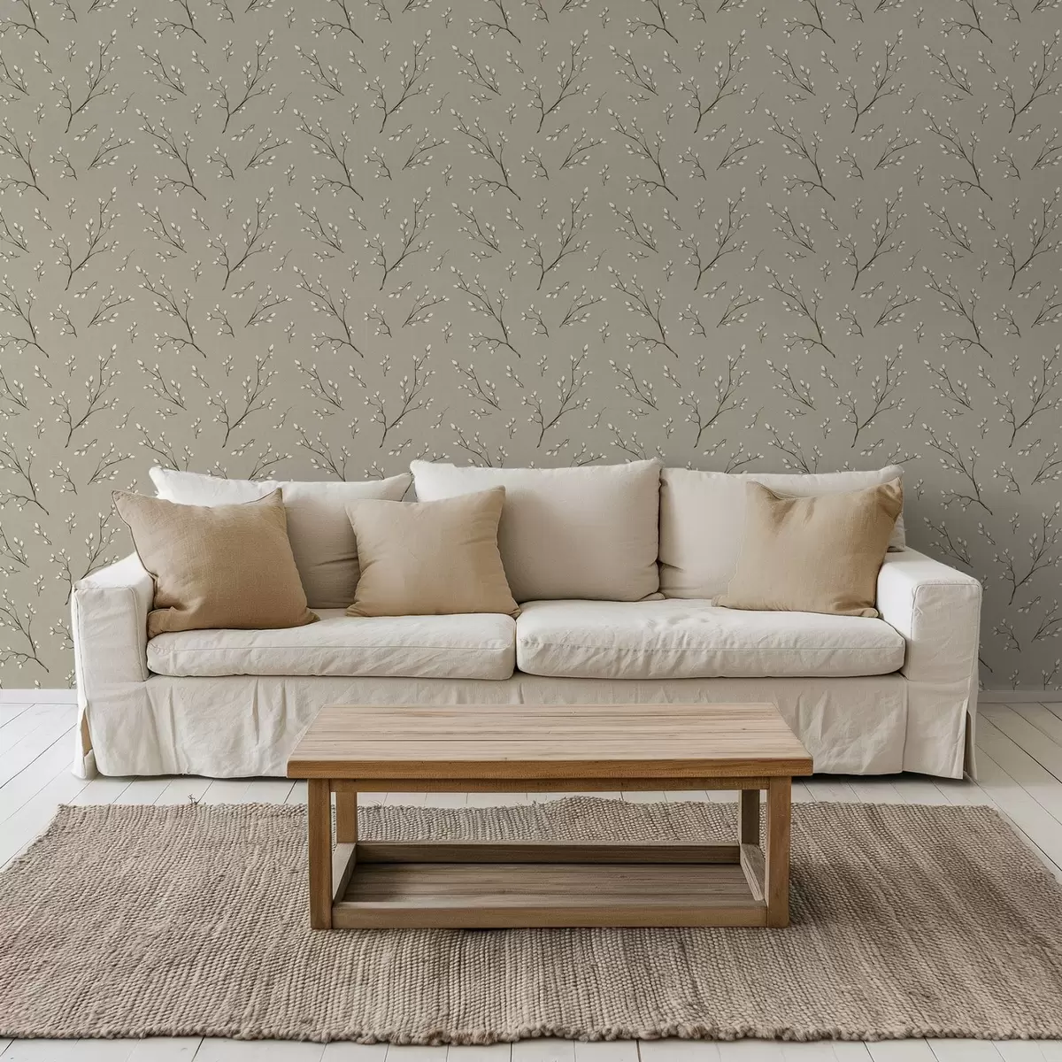 Tapetes Zariņi ar baltiem pumpuriem uz lina pelēkbrūna fona a00861