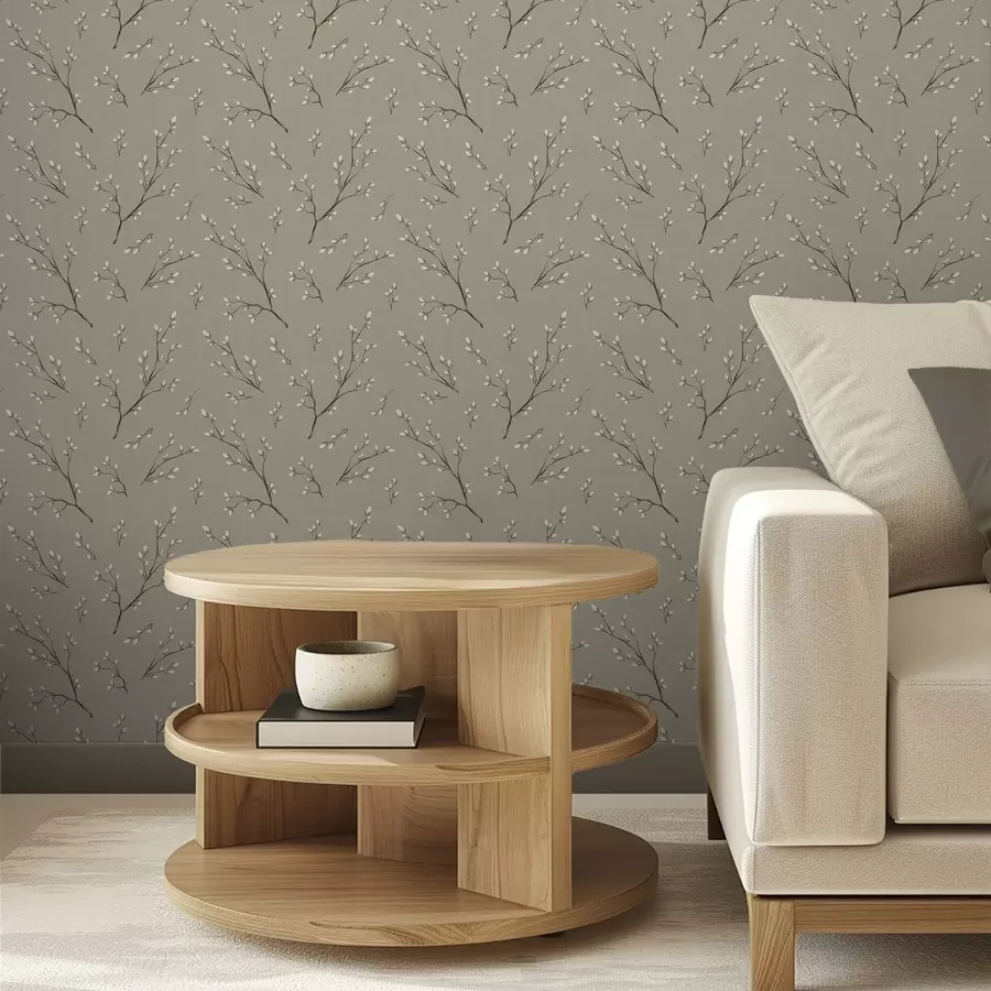 Fototapetes Zariņi ar baltiem pumpuriem uz lina pelēkbrūna fona a00861