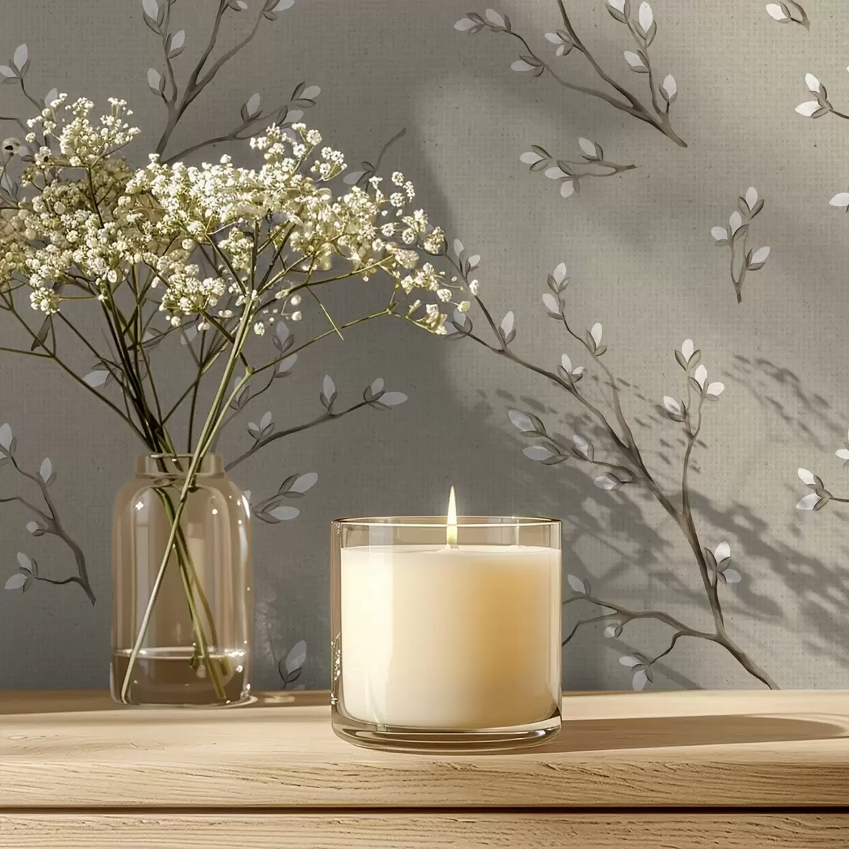 Tapetes Zariņi ar baltiem pumpuriem uz lina pelēkbrūna fona a00861