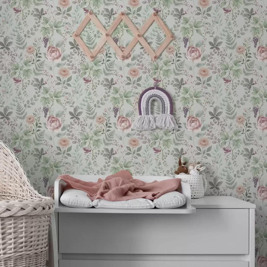 Fototapetes Pastelkrāsas dārzs ar rozēm, papardēm un vīnogām a00867