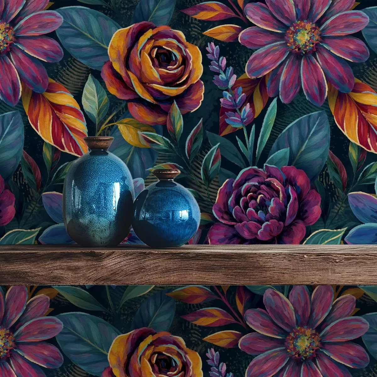 Tapetes Spilgti dārgakmeņu toņu ziedi uz tumši zilas fona a00871