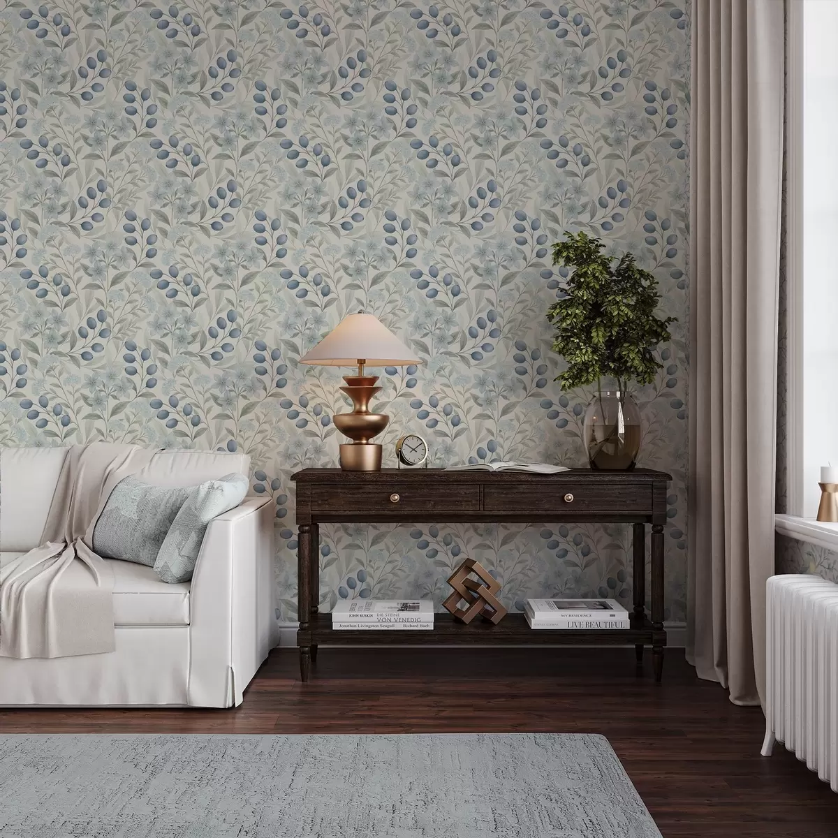 Tapetes Zilas ogas un gaiši ziedi uz ziloņkaula a00872