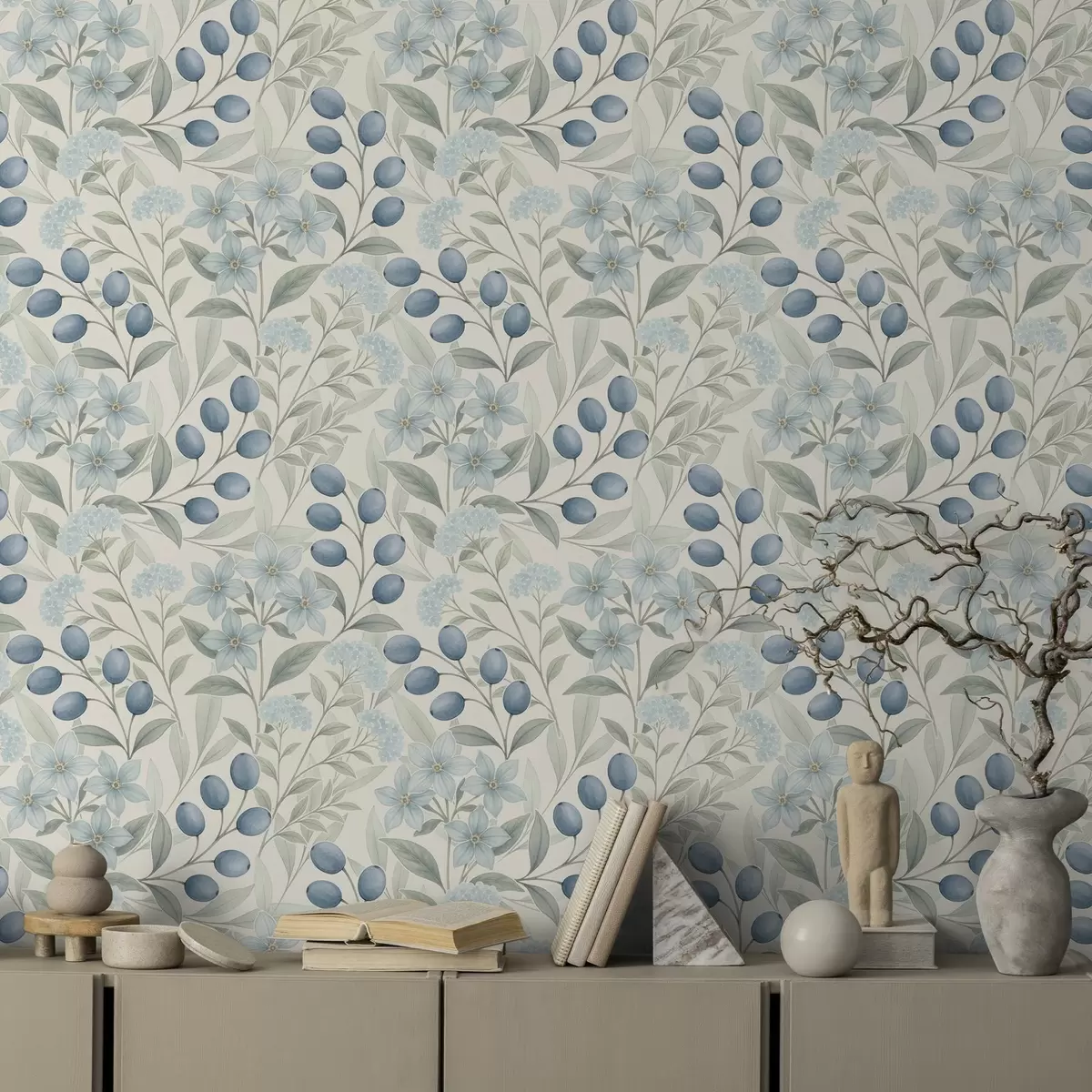 Tapetes Zilas ogas un gaiši ziedi uz ziloņkaula a00872