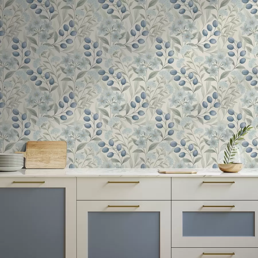 Fototapetes Zilas ogas un gaiši ziedi uz ziloņkaula a00872