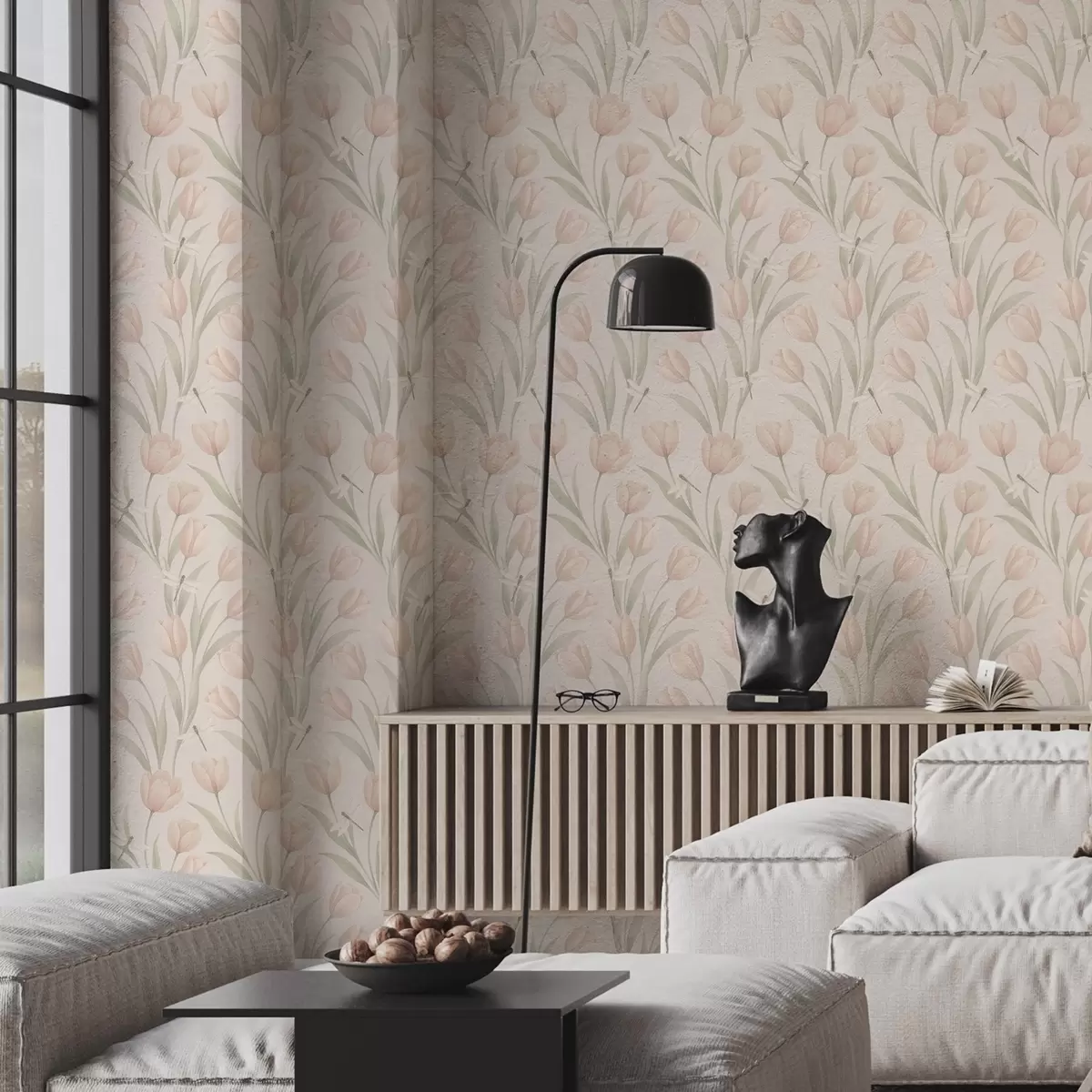 Tapetes Pastelkrāsas tulpes ar spāres uz sārtā fona a00876