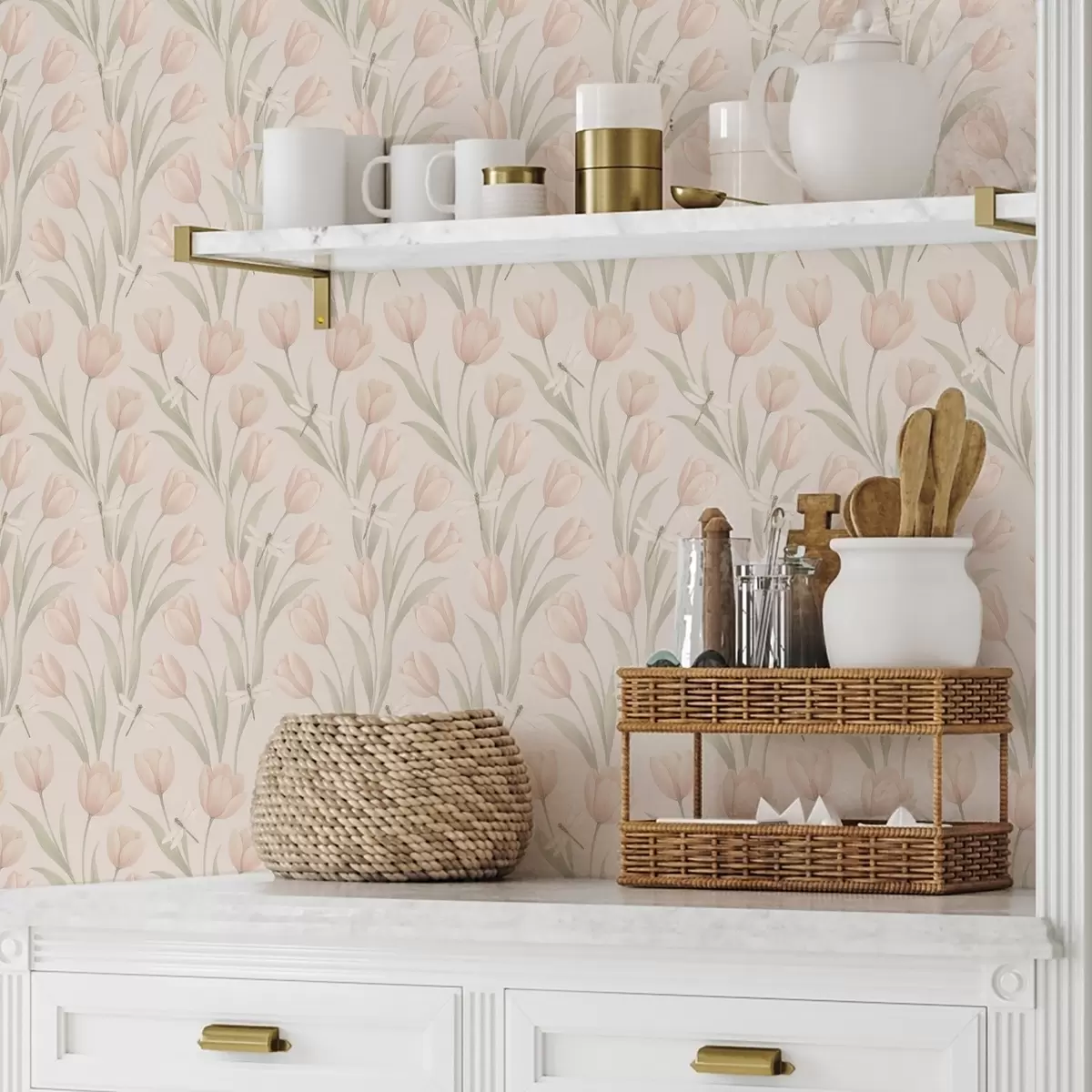 Tapetes Pastelkrāsas tulpes ar spāres uz sārtā fona a00876