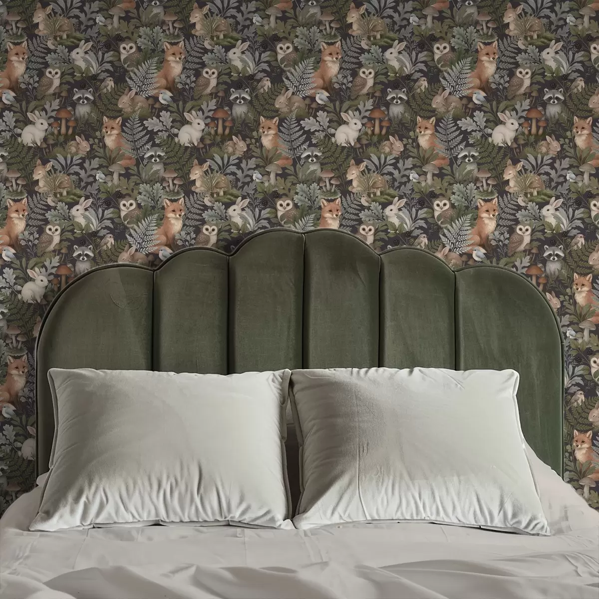 Tapetes Meža dzīvnieki un papardes uz tumši ogļainā fona a00880