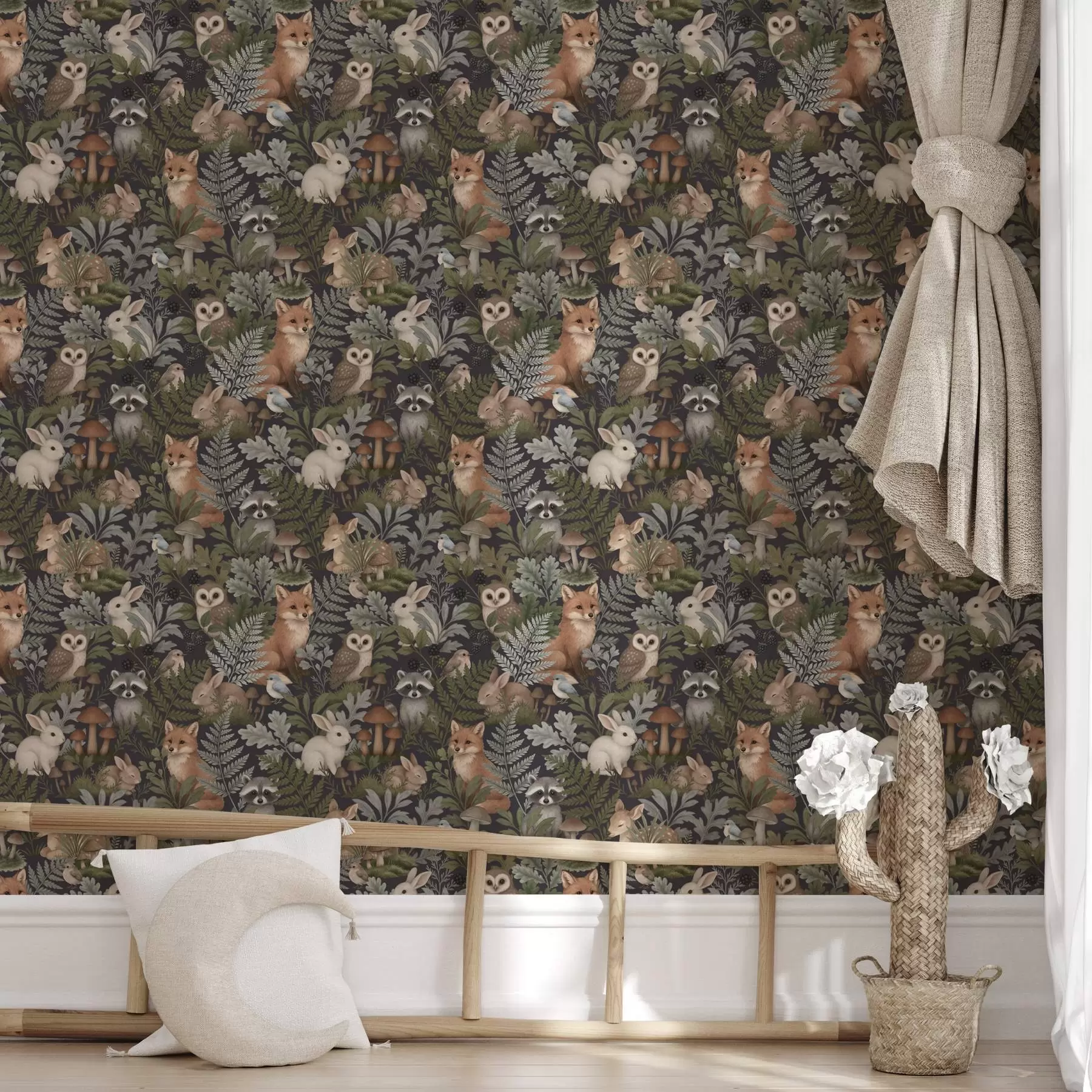 Fototapetes Meža dzīvnieki un papardes uz tumši ogļainā fona a00880