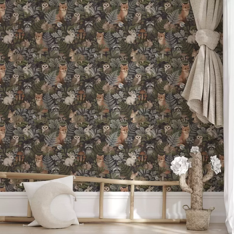 Fototapetes Meža dzīvnieki un papardes uz tumši ogļainā fona a00880