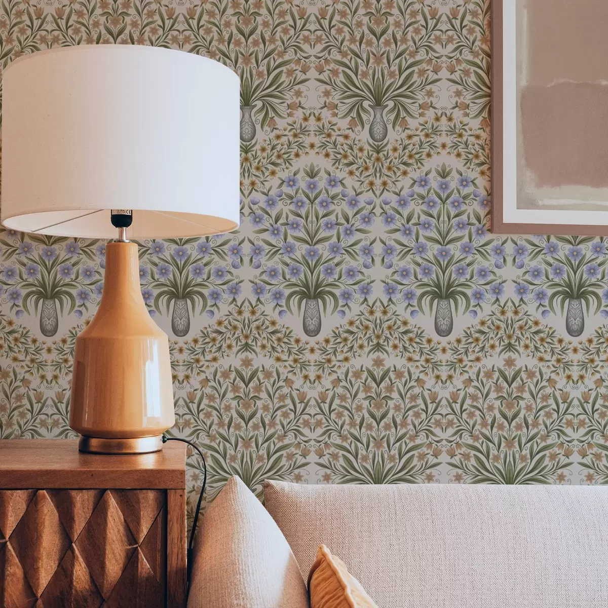 Tapetes Tautas vāzes ar ziliem ziediem un olīvu lapām uz sārtā fona a00900