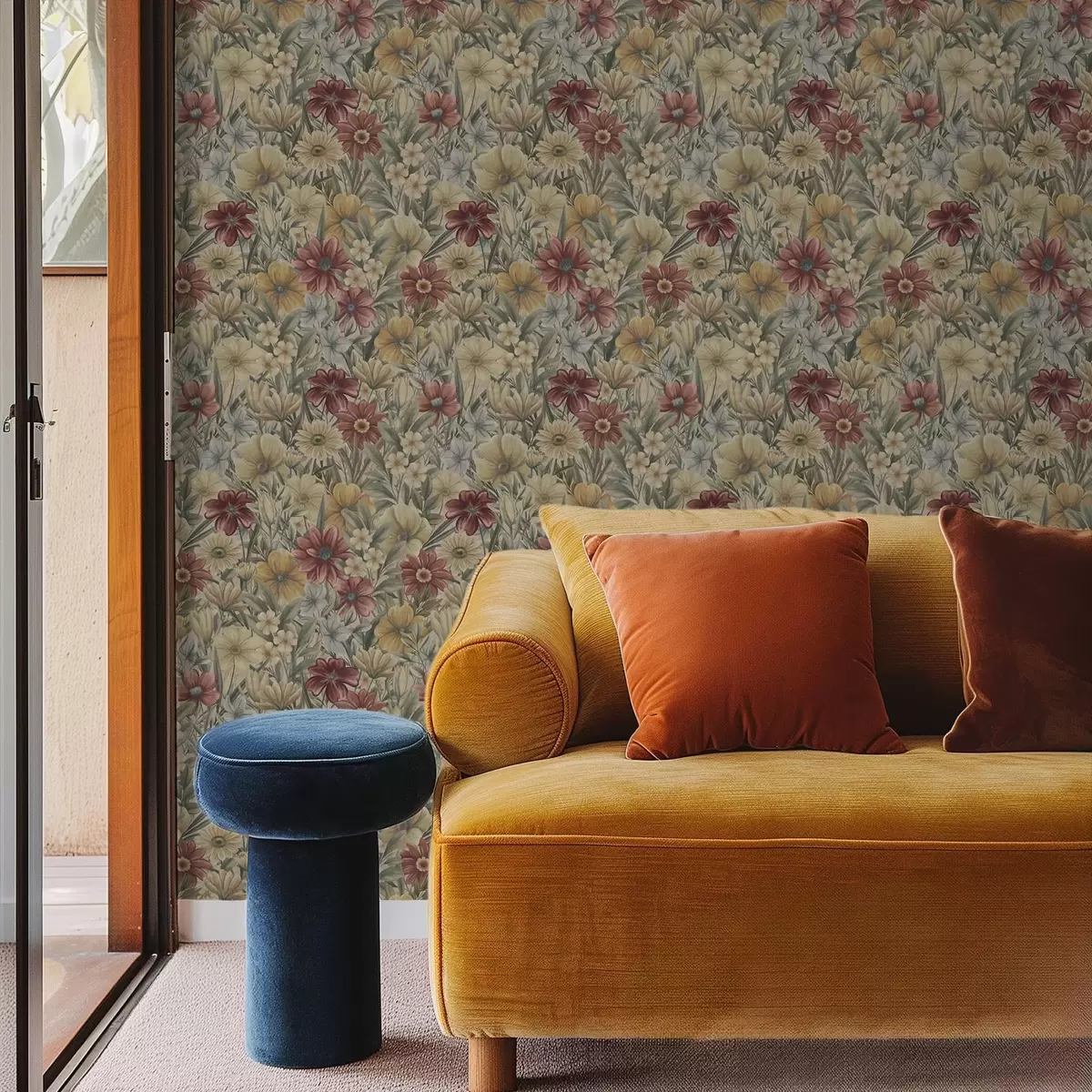 Tapetes Vintage pļava zied siltos dzeltenos, sarkanos un salvijas toņos a00906