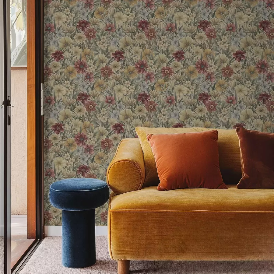 Fototapetes Vintage pļava zied siltos dzeltenos, sarkanos un salvijas toņos a00906