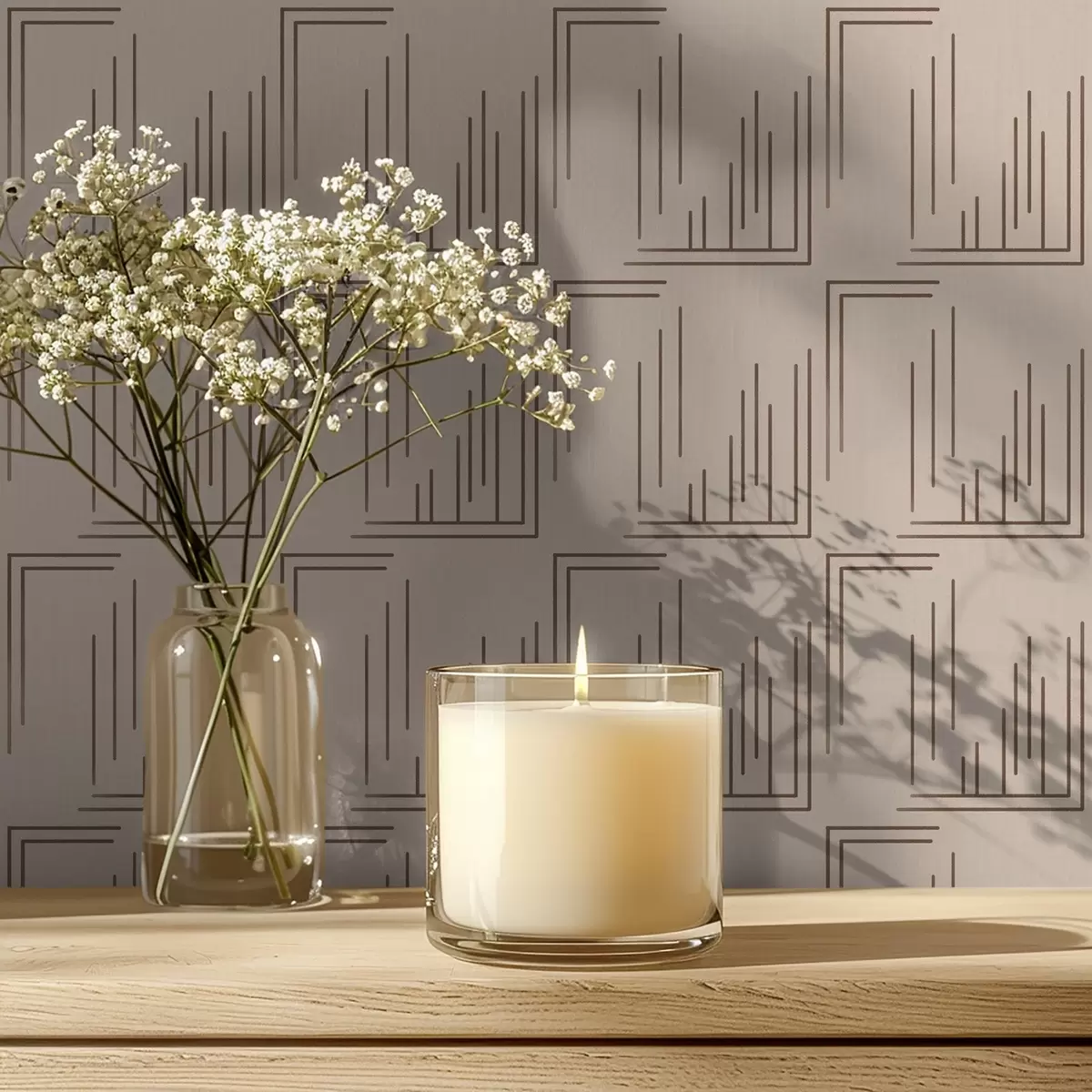 Tapetes Kakao līniju stūri kvadrāti uz siltā smilškrāsā fona a00910