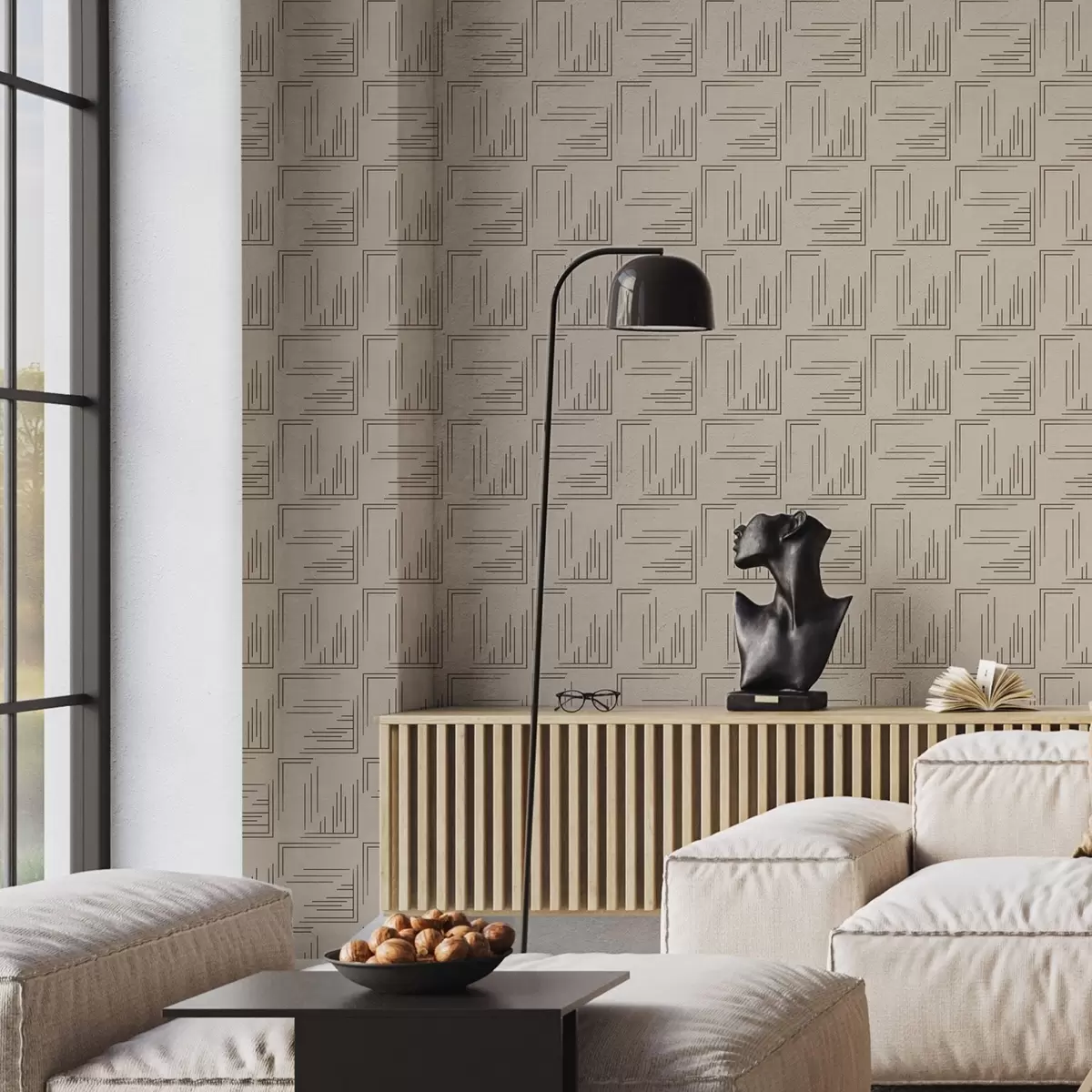 Tapetes Lieli kakao stūra kvadrāti ar dažādām līniju pildījumiem, smiltis a00913
