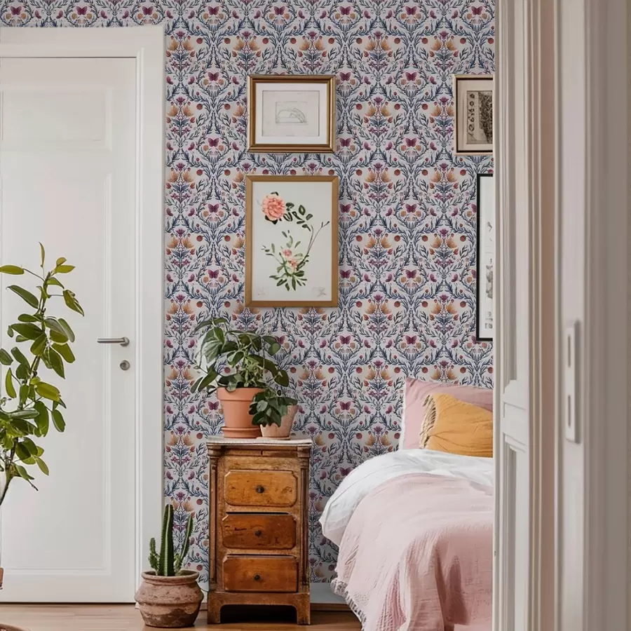 Fototapetes Ziedu damasts ar tauriņiem tumši zilas un terakotas krāsā uz balta fona a00926v1