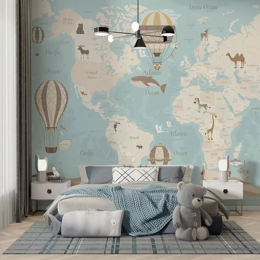 Fototapetes Bērnu pasaules karte ar dzīvniekiem, lidmašīnām un karstā gaisa baloniem. Angļu valoda. Zila krāsa. c00003env1