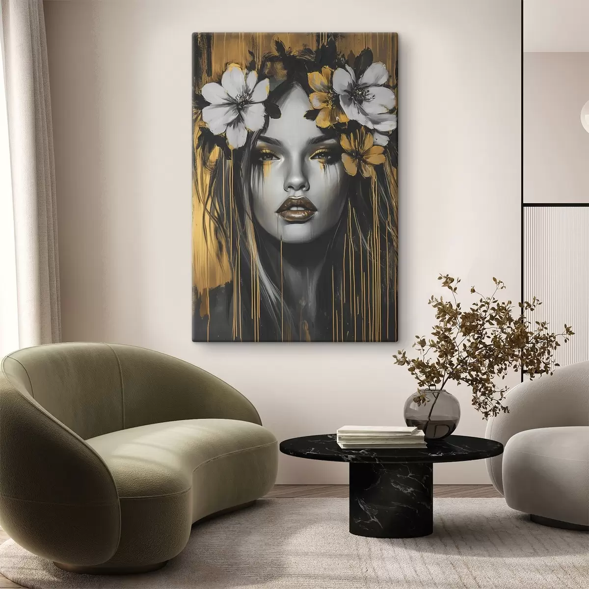 Glezna Abstrakts sievietes portrets ar ziediem s46454