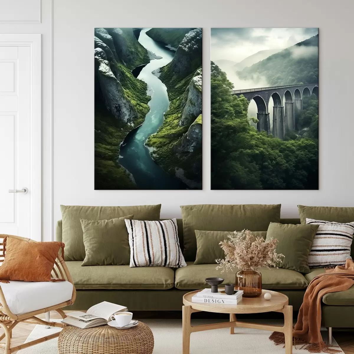 Glezna Gaisa upes kanjons un miglains viadukts zaļajos kalnos m00967