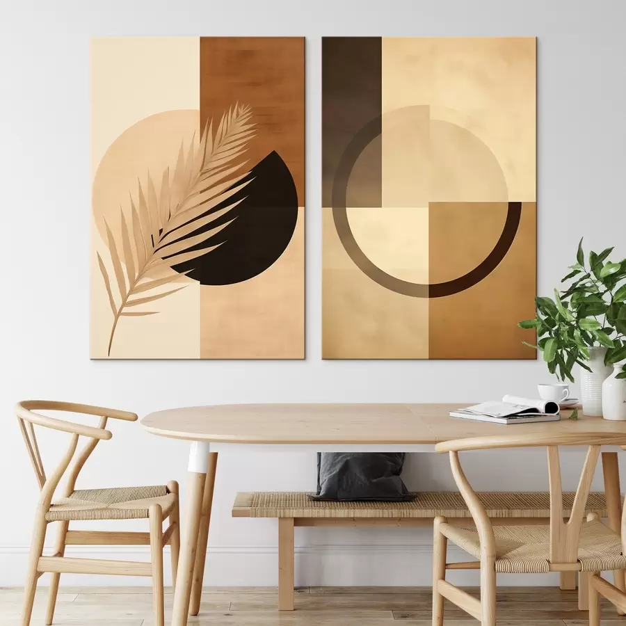 Glezna Terakota un smilškrāsas ģeometrija ar palmu lapu motīvu m00968